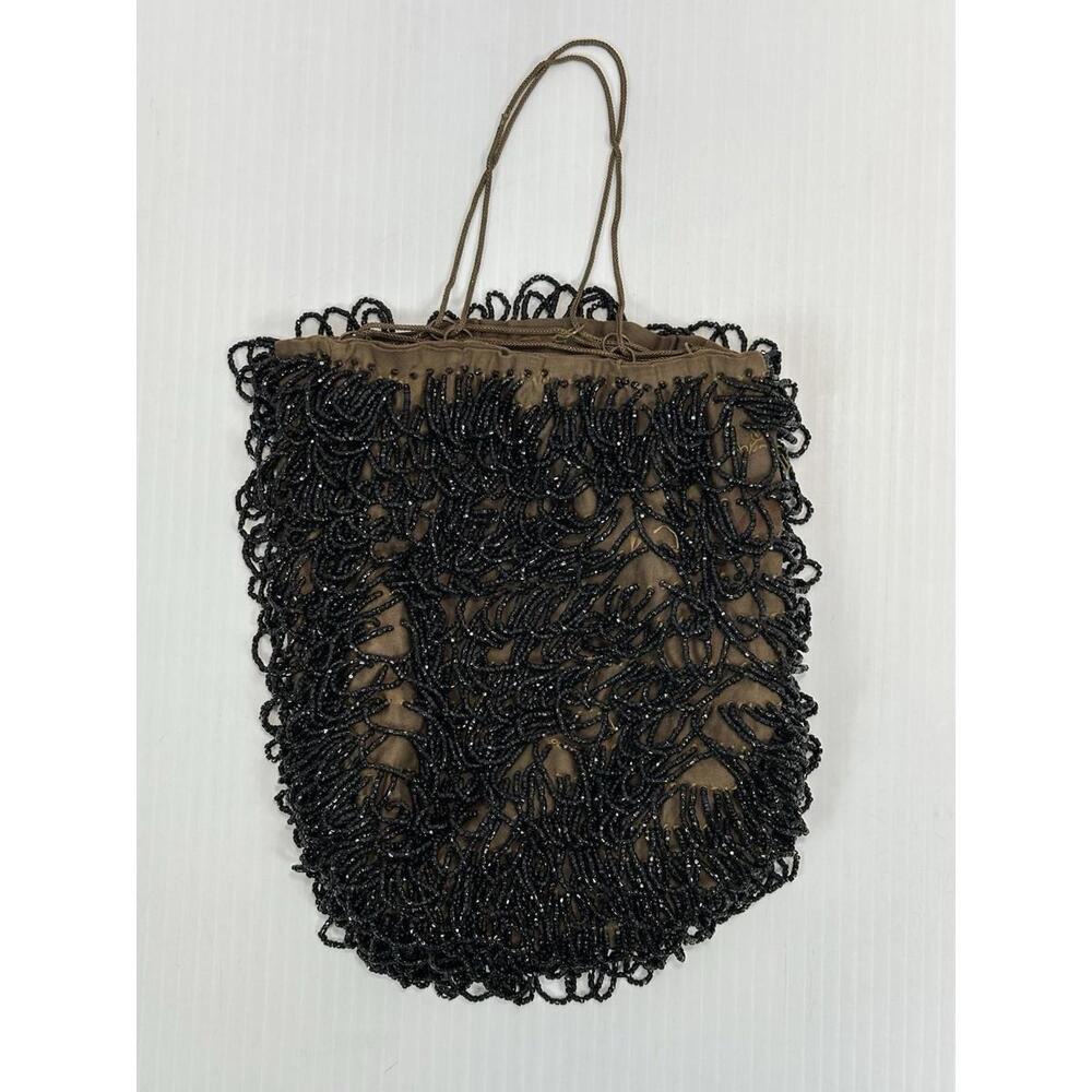Antique Art Deco Beaded Drawstring Bag Black Glass Beads Fringe‎ Tassel Flapper